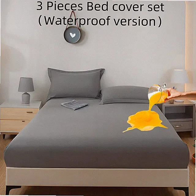 3pcs Double-Layer Waterproof Bed Sheet Set with Fitted Sheet + 2 Pillowcases