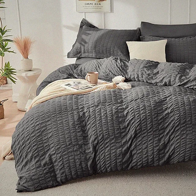 Dark Grey Duvet Cover Queen Size, Ultra Soft 3-Piece Seersucker Duvet Cover Set