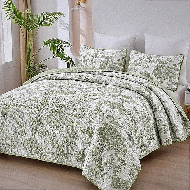 King Size Botanical Quilt Set 3 Piece Sage Green Floral Bedspread Coverlet