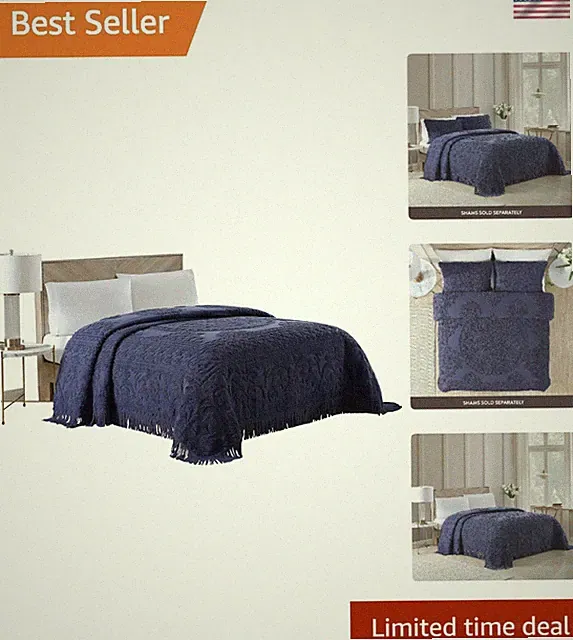 King Size Traditional Medallion Chenille Bedspread in Navy - Lightweight Beauty