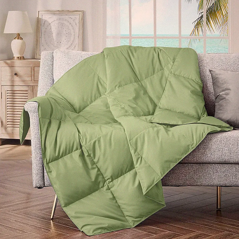 Lightweight Sage Green Soft Feather Down Throw Blanket for Indoor & Outdoor Use
