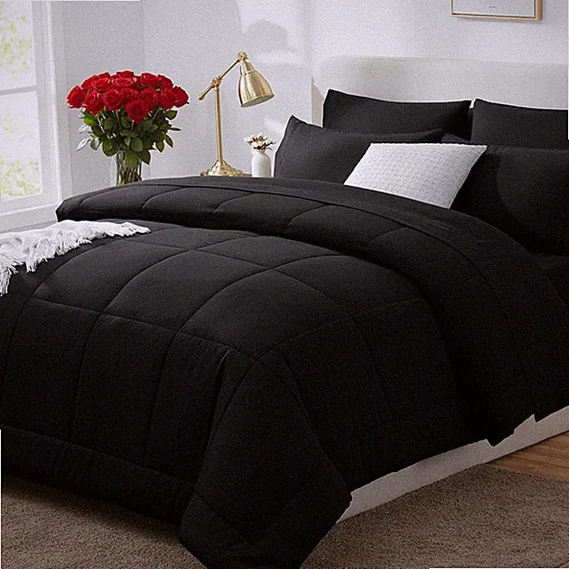 Queen Comforter Set Black, 7 Pieces Bed in a Bag, Black Comforter Queen Size, Al