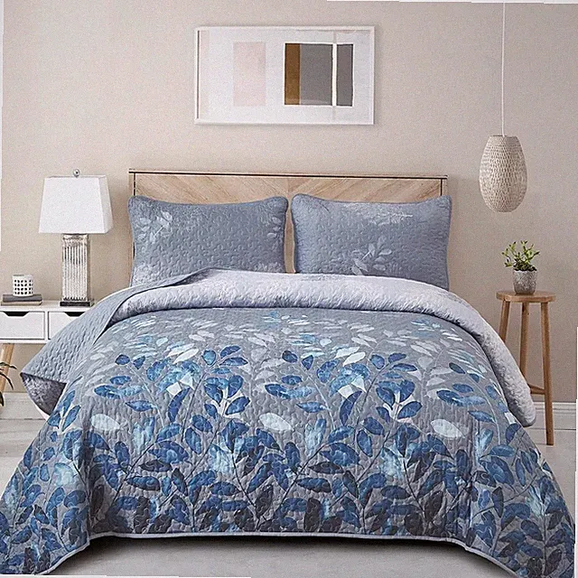 WONGS BEDDING Blue Quilt Set King Size,3 Pieces Navy Blue Floral Bedspread Cover